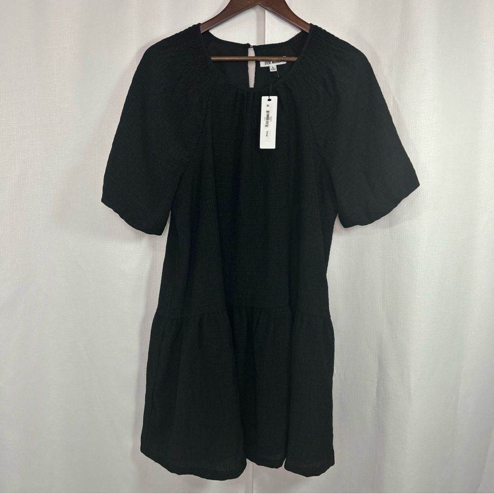 Steve Madden Black Abrah Textured A-Line Dress Size Large Puffed Sleeves Lined - Picture 2 of 9